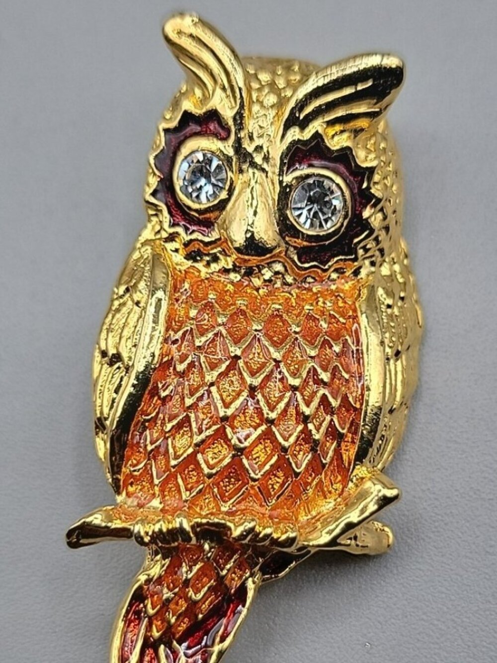 Owl Brooch with Large Crystal Eyes Gold Tone Owl Pin